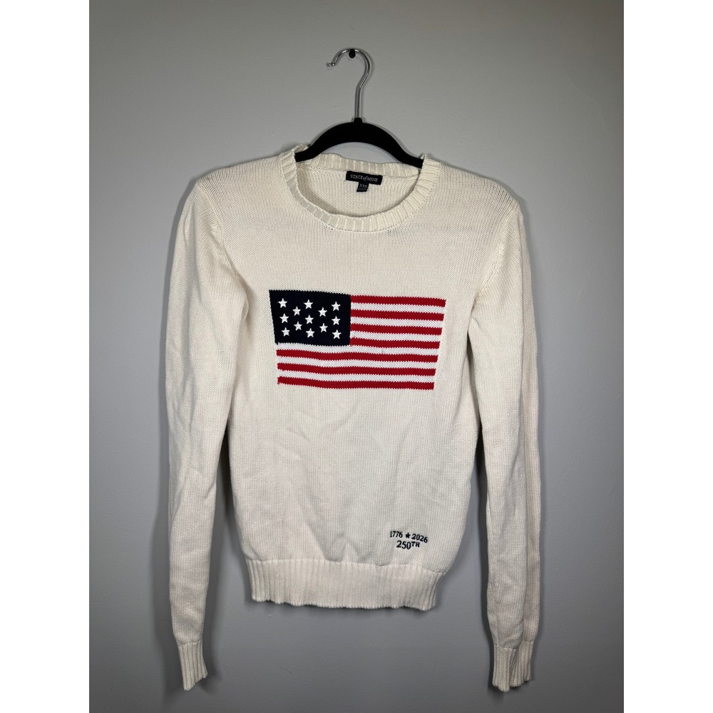 State of Mine Womens American Flag Knit Sweater Off White 1776-2026 250th Cotton